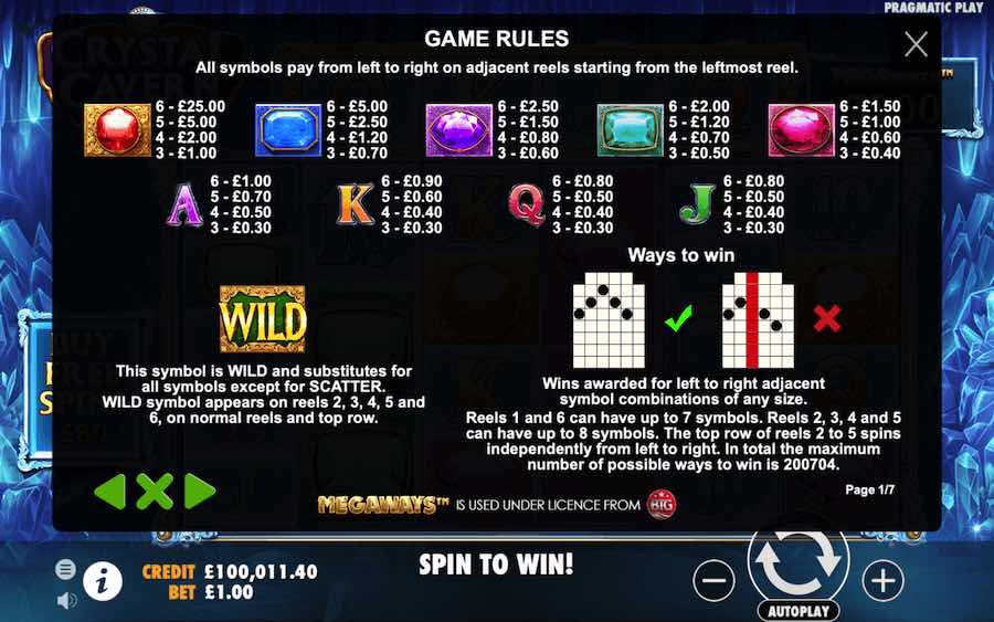 Paytable For Crystal Cavern Megaways Slot