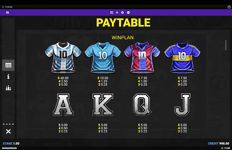 D10s Maradona Slot Paytable