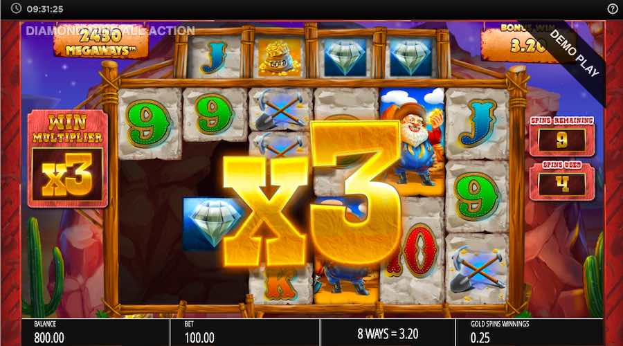 Cascading Reels Feature During The Bonus Round On Diamond Mine All Action Megaways™