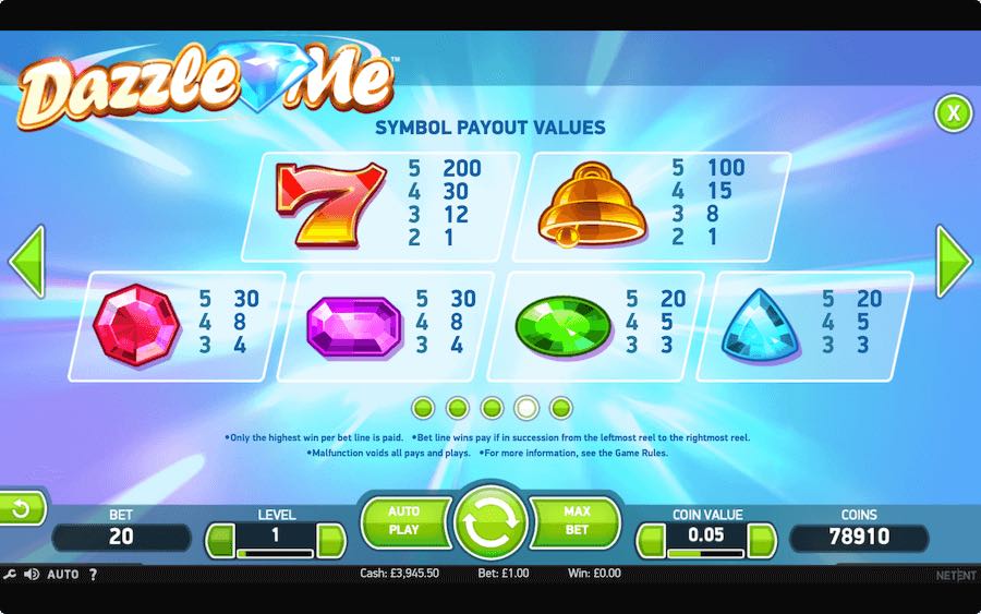 Paytable For Dazzle Me Slot