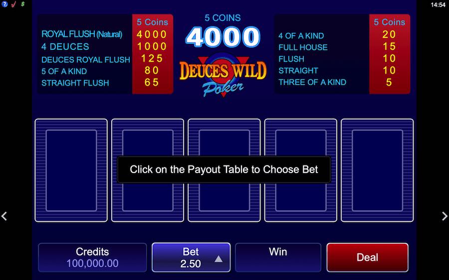 Place A Bet To Start Playing Deuces Wild Video Poker