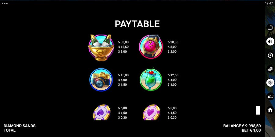 Paytable For The Diamond Sands Slot