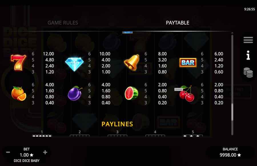 Dice Dice Baby Slot Paytable