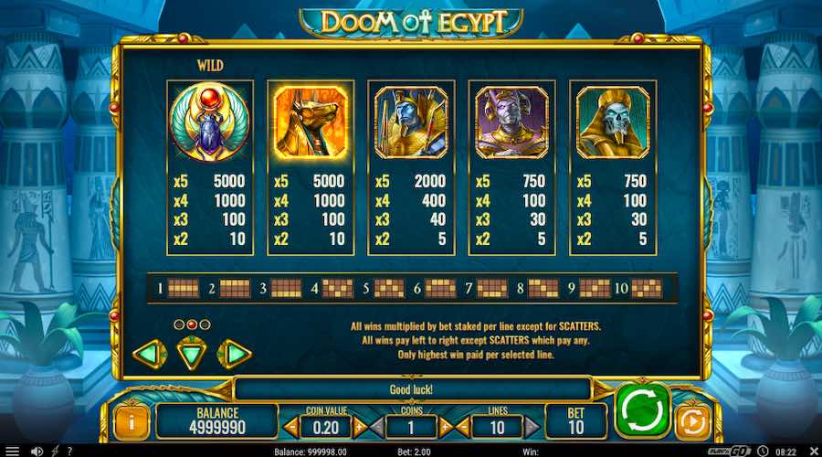 Doom Of Egypt Slot Paytable