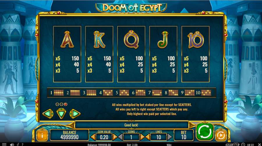 Doom Of Egypt Slot Paytable