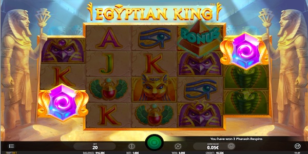 Amulet Symbols Landing On Reels 1 And 5 Will Trigger The Pharaoh Respin Bonus On Egyptian King Slot