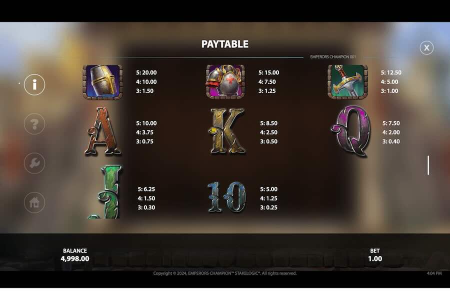 Emperor's Champion Slot Paytable