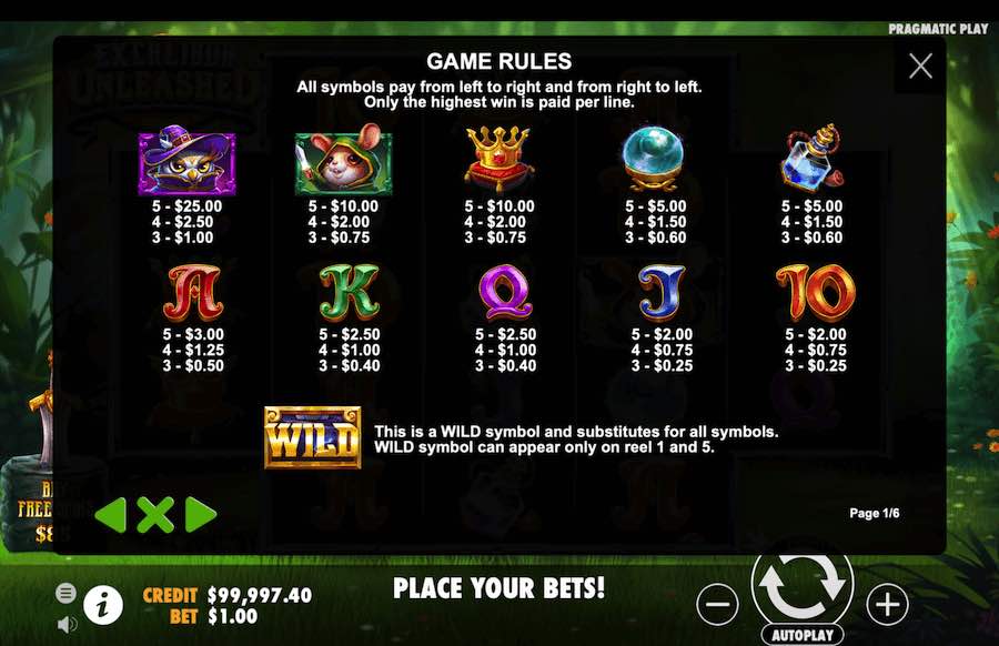 Excalibur Unleashed Slot Paytable