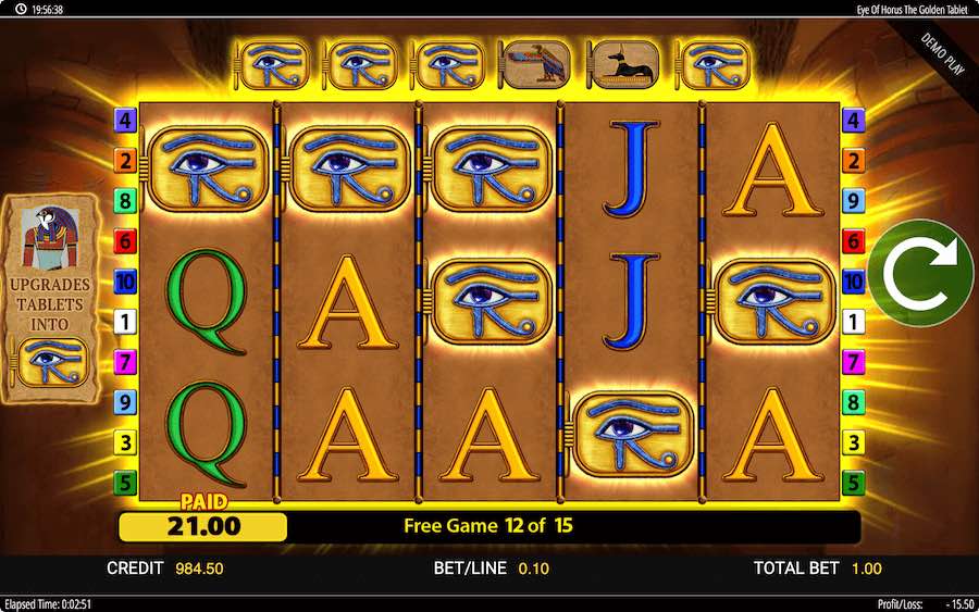 Upgrade Premium Symbols To The Eye Of Hours Symbol During The Free Spins Feature On Blueprint Gaming's Eye Of Horus The Golden Tablet Slot