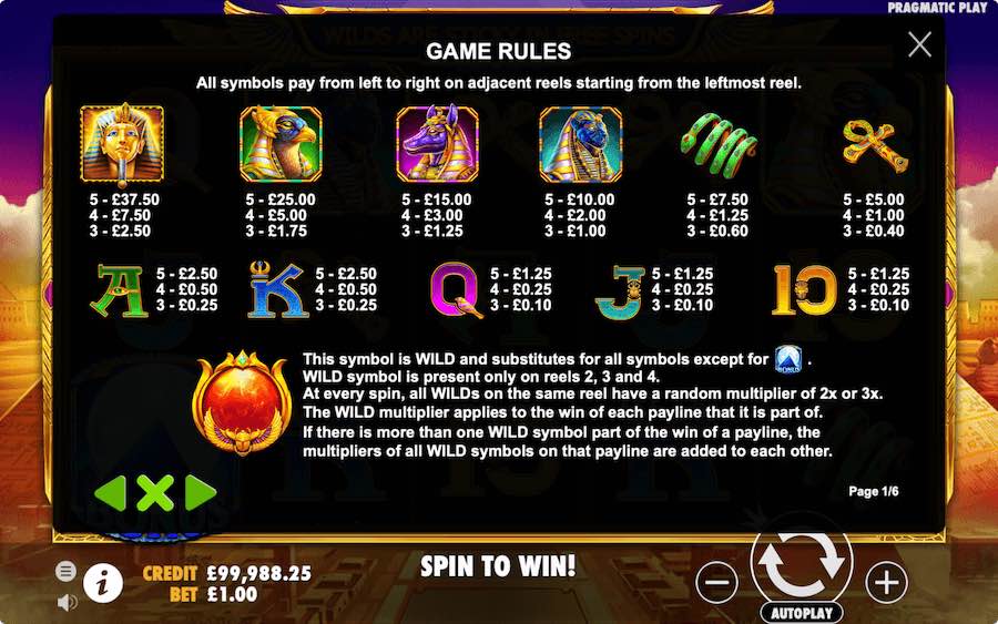 Paytable For Fortune Of Giza Slot