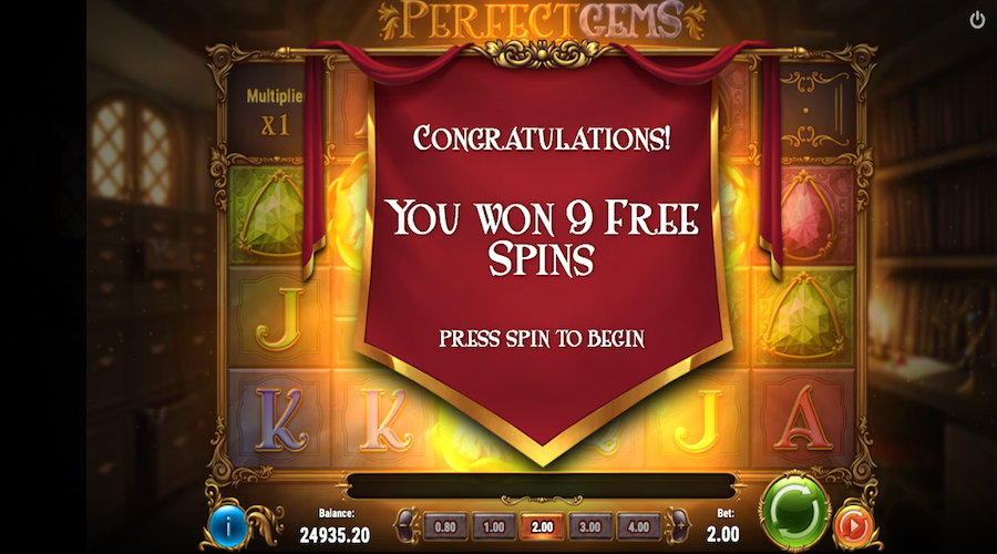 9 Free Spins Awared On Perfect Gems Slot For A 3 Scatter Trigger