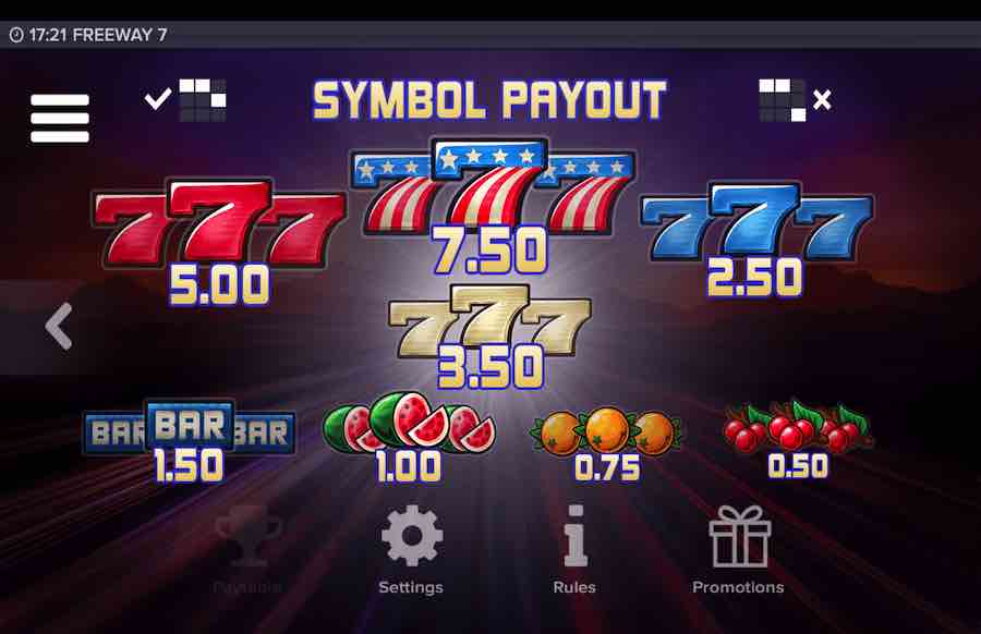 Freeway 7 Slot Paytable