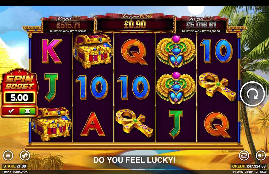 Play With 10 Paylines And Be In With A Chance Of Winning A Progressive Jackpot On The Funky Pharaoh Online Slot From Provider Blueprint Gaming