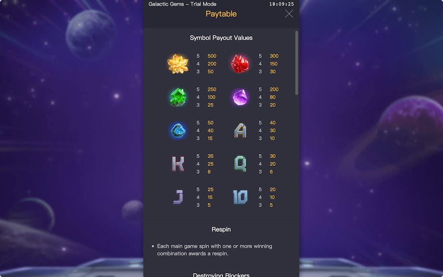 Paytable For Galactic Gems Slot