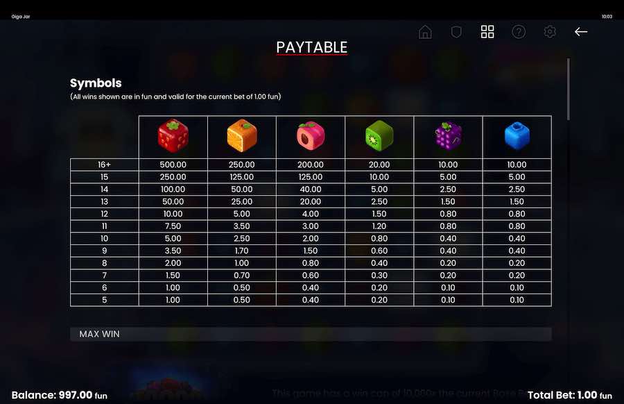 Giga Jar Cluster Link Slot Paytable