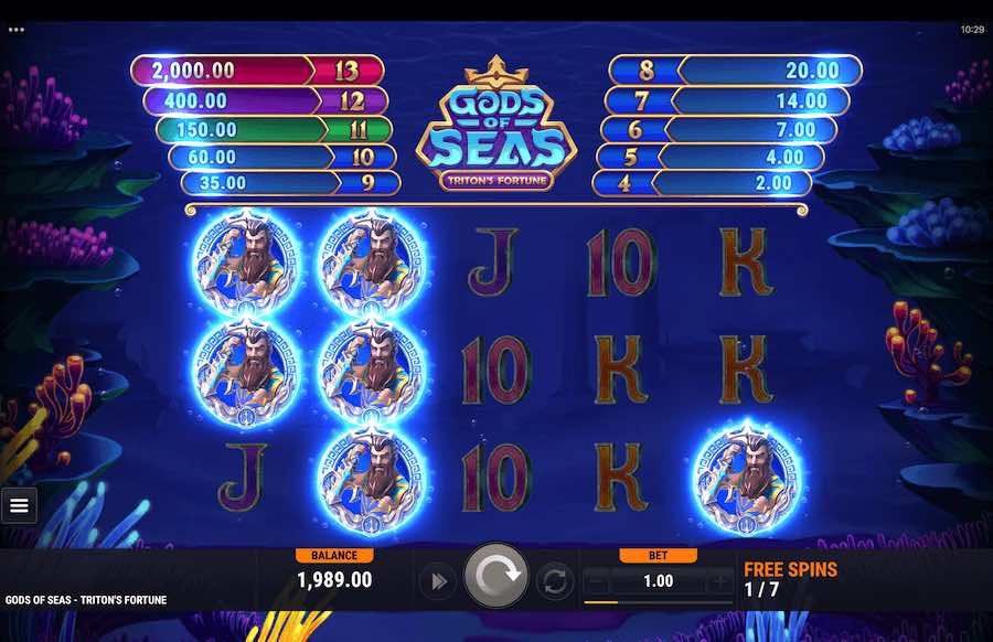 Landing A Scatter Symbol On Reels 1, 3, And 5 Will Trigger The Free Spins Feature On The Gods Of Seas Triton's Fortune Video Slot