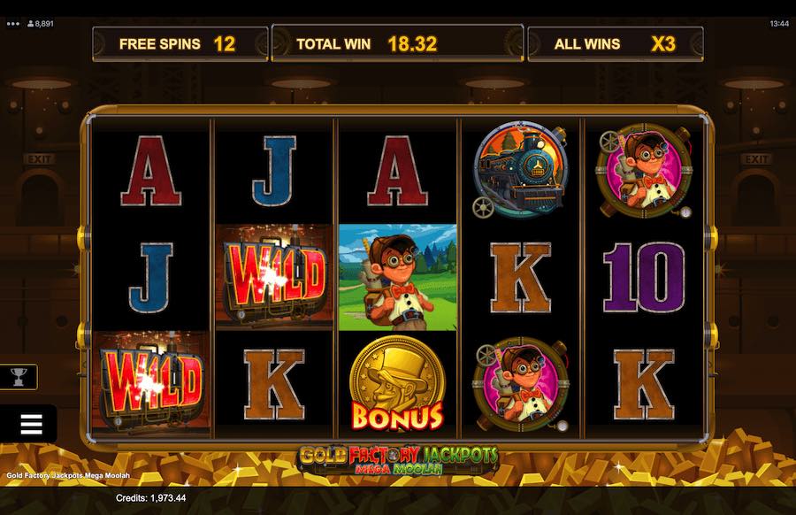 Trigger Two Bonus Features Whilst Playing Gold Factory Jackpots Mega Moolah Video Slot