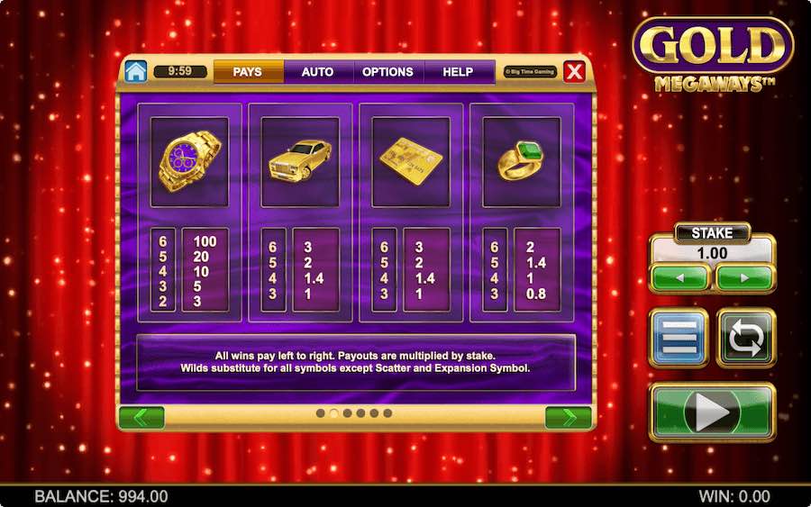 Paytable For Gold Megaways Slot