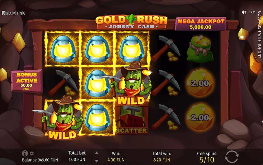 Land A Scatter Symbol On Reels 1, 3 And 5 To Trigger The Free Spins Feature On Gold Rush Johnny Cash Video Slot