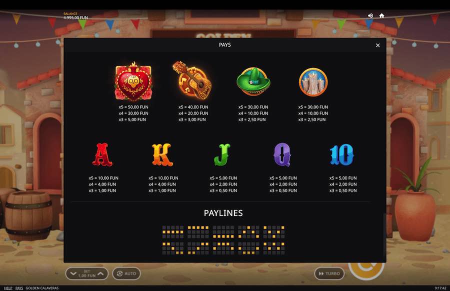 Paytable For Golden Calaveras Slot