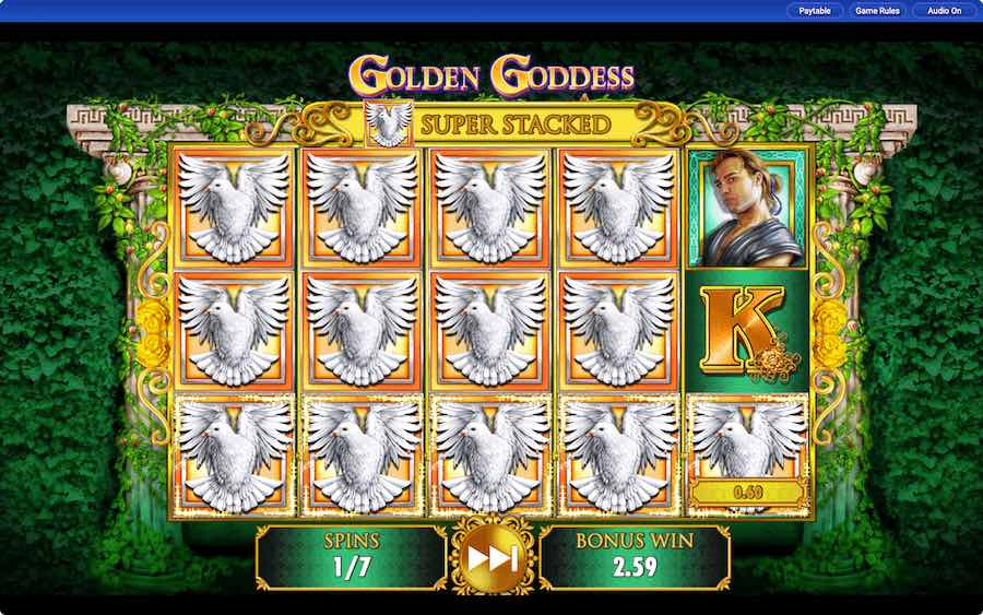 Trigger The Free Spins Feature On Golden Goddess Video Slot And Will Play With A Super Stacked Symbol