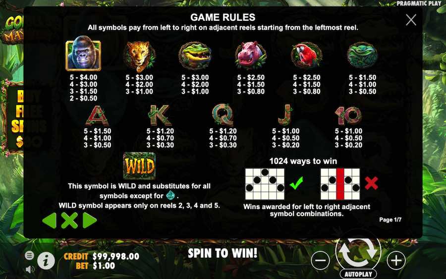 Paytable For Gorilla Mayhem Slot