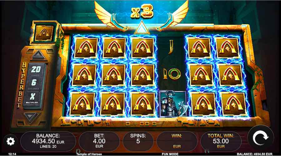 Aces Paying 5 Of A Kind Over 20 Paylines With A X3 Multiplier On Temple Of Heroes Slot