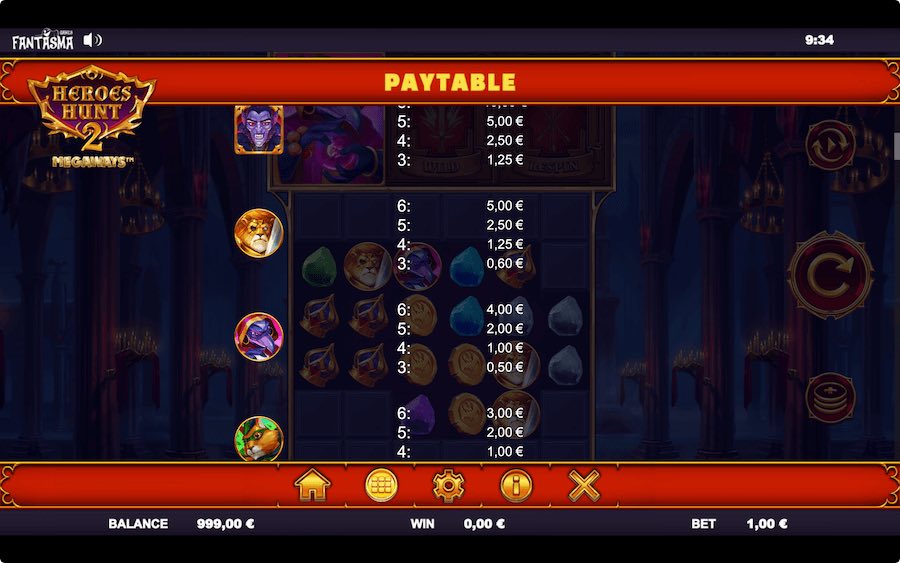 Paytable For Heroes Hunt 2 Megaways Slot