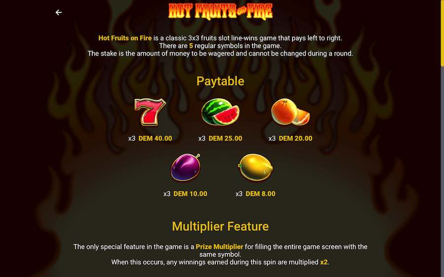 Paytable For Hot Fruits On Fire Slot