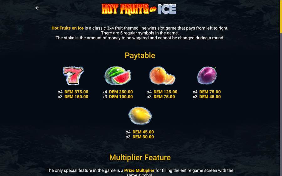 Paytable For Hot Fruits On Ice Slot