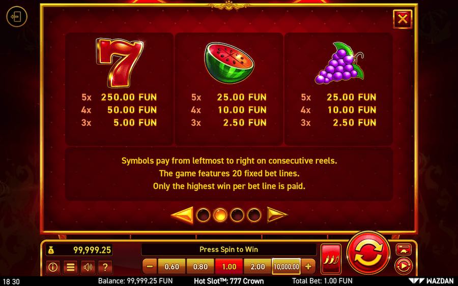 Paytable For Hot Slot 777 Crown Slot