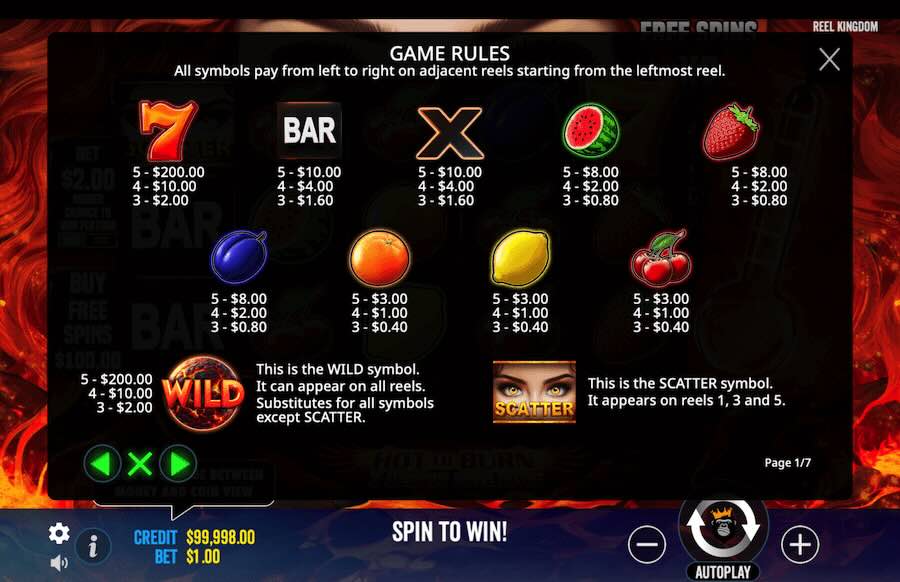 Hot To Burn 7 Deadly Free Spins Slot Paytable