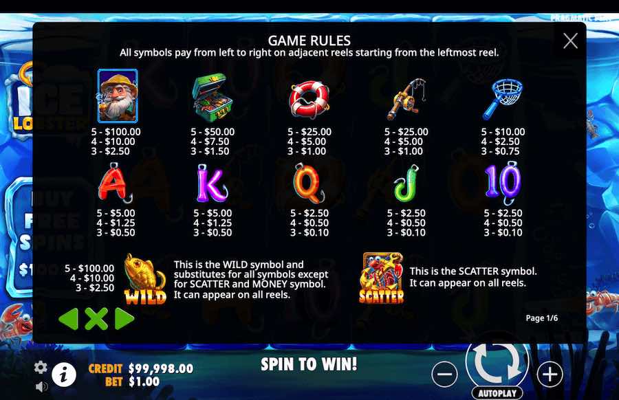 Ice Lobster Slot Paytable