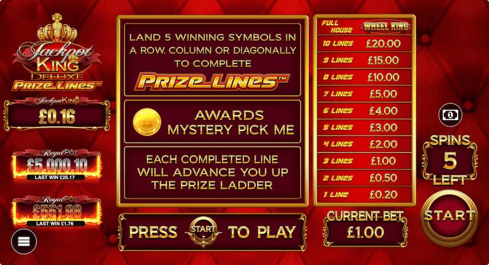 Jackpot Kings Prize Lines Paytable