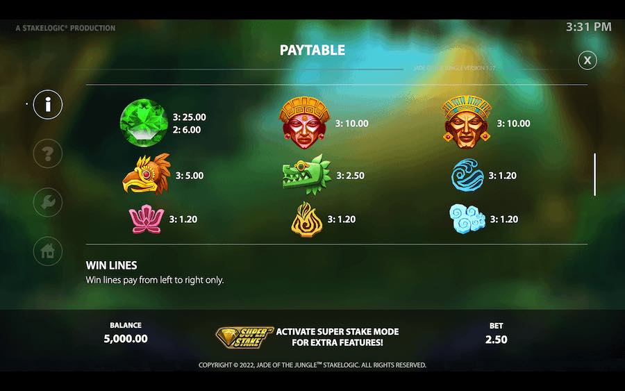 Paytable For Jade Of The Jungle Slot