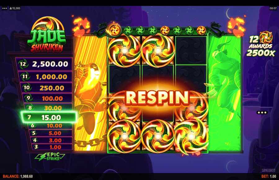 Hit 3 Scatters To Trigger The Free Spins Feature On Jade Shuriken Video Slot