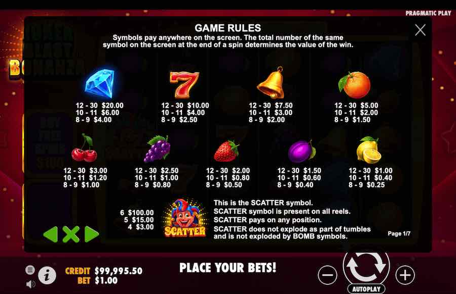 Joker Blast Bonanza Slot Paytable