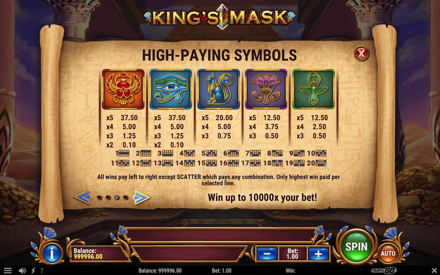 Paytable For The King's Mask Slot Game