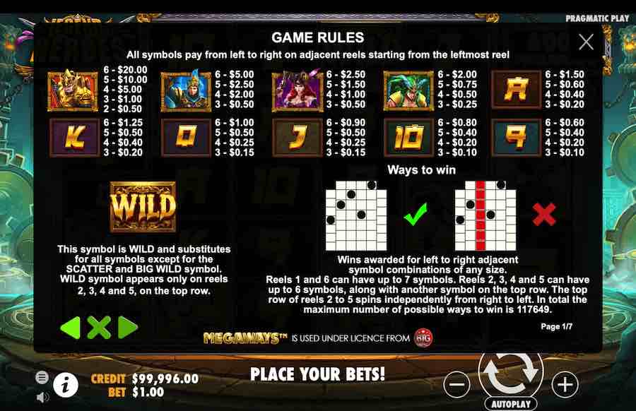 Paytable For The Legend Of Heroes Megaways Slot