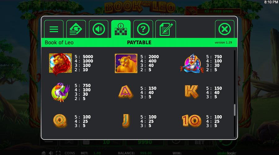 Paytable For Book Of Leo Quattro Slot