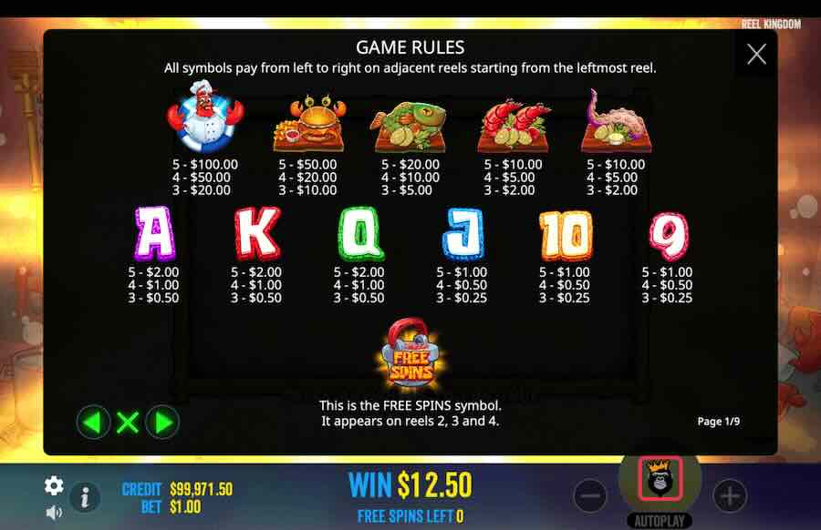 Lobster Bob's Seafood & Win It Slot Playtable