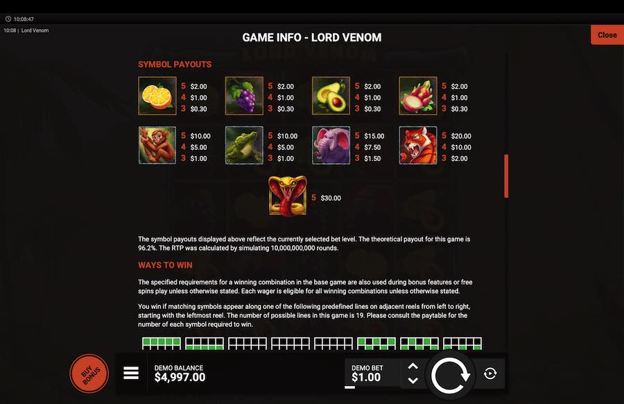 Lord Venom Slot Paytable