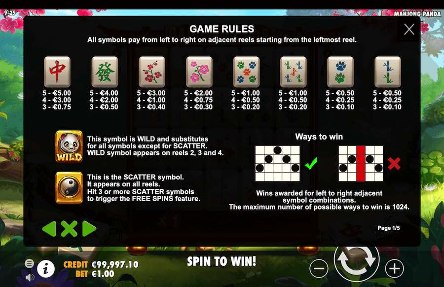 Paytable For Mahjong Panda Slot