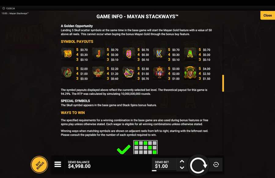 Mayan Stackways Slot Paytable