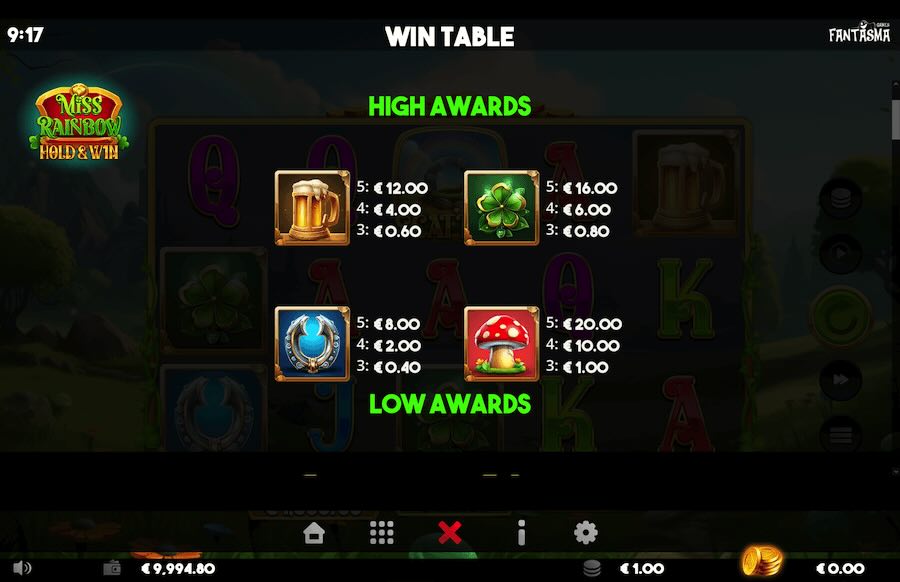 Miss Rainbow Hold & Win Slot Paytable