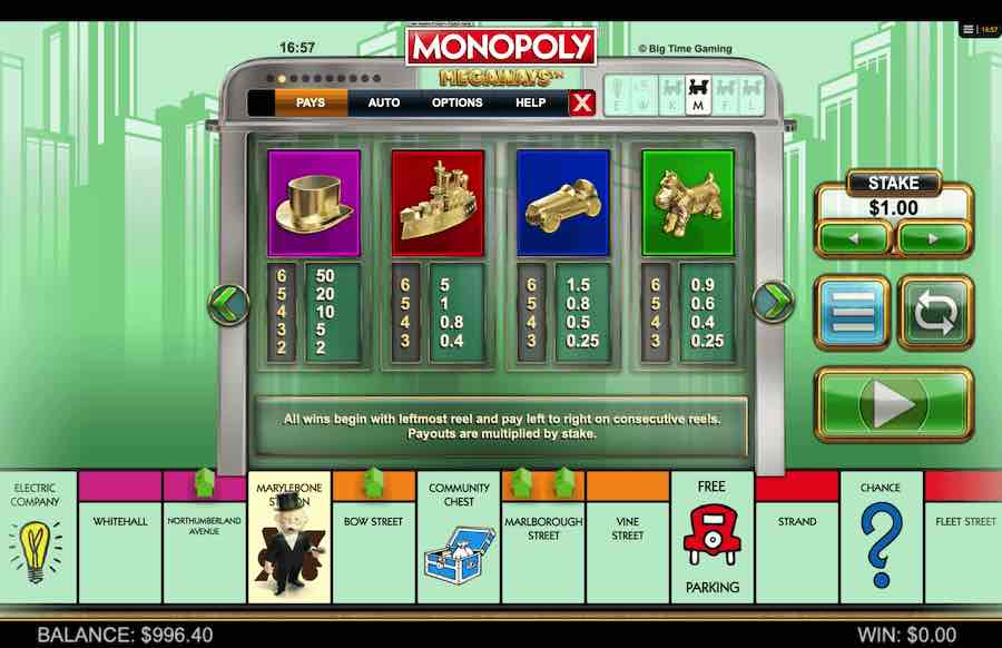 Monopoly Megaways Slot Paytable