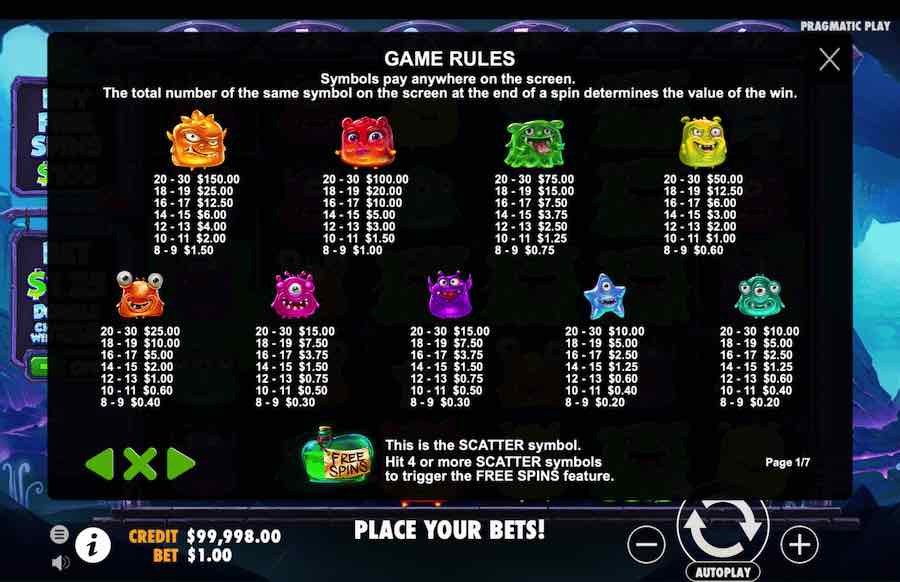 Monster Superlanche Slot Paytable