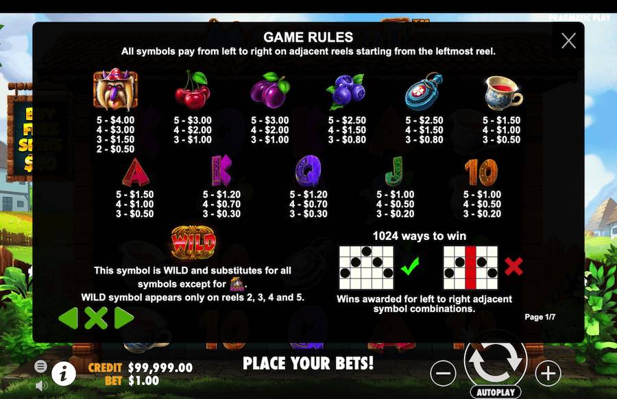 Moonshot Slot Paytable