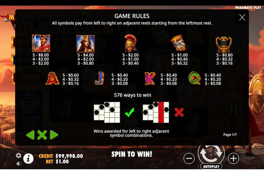 Mr Tain's Fury Wild Wild Gladiator Slot Paytable