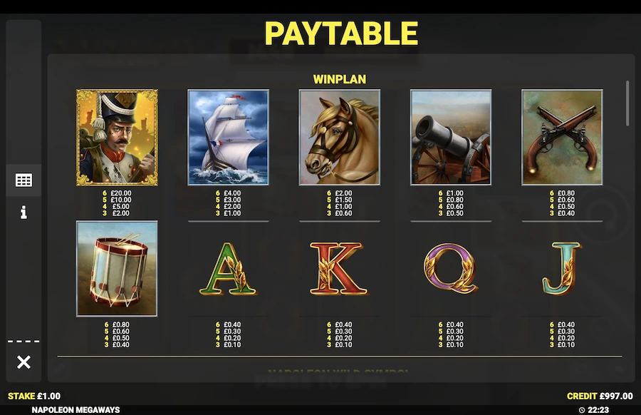 Napoleon Megaways slot paytable